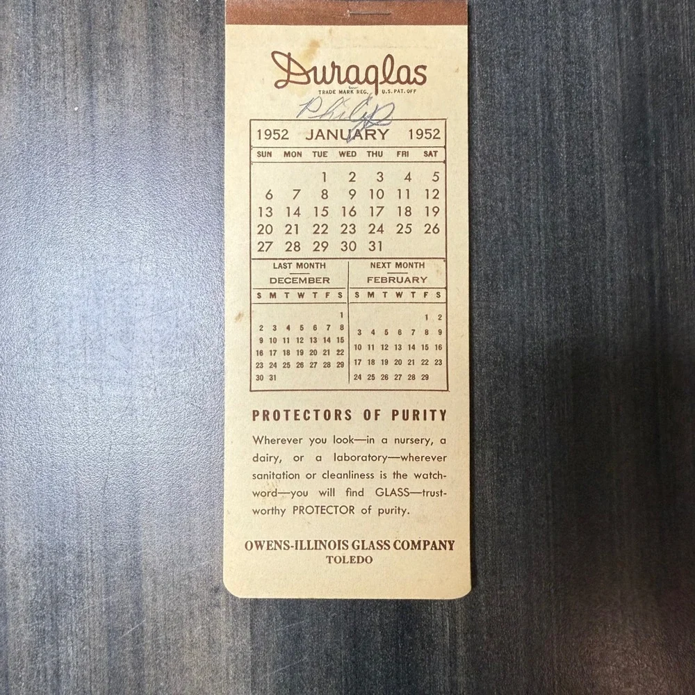 Duraglas 1952 Calendar Memo Pad‎ Vintage Recipe Card Collectible Toledo